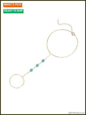 14K Gold Hand Chain Bracelet with Turquoise Adjustable Finger Bracelet for Women